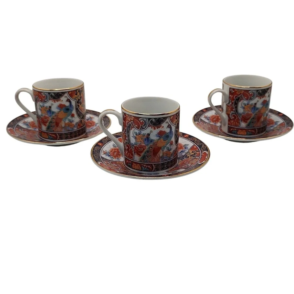 Vintage‎ Japanese Imari Arita Demitasse Cups Saucers Peacock Handmade Six Pieces